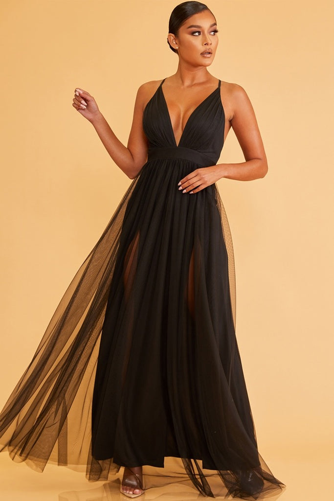 Elegant Black Strap Deep V-Neck Maxi ...